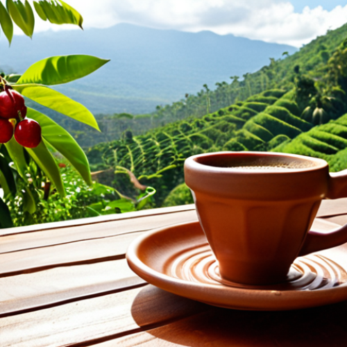Home 11 **
Ethiopian Yirgacheffe G1 coffee, vibrant floral aroma, citrus notes, served in a traditional clay cup, surrounded by coffee cherries and green leaves, sunlit coffee plantation backdrop.
**