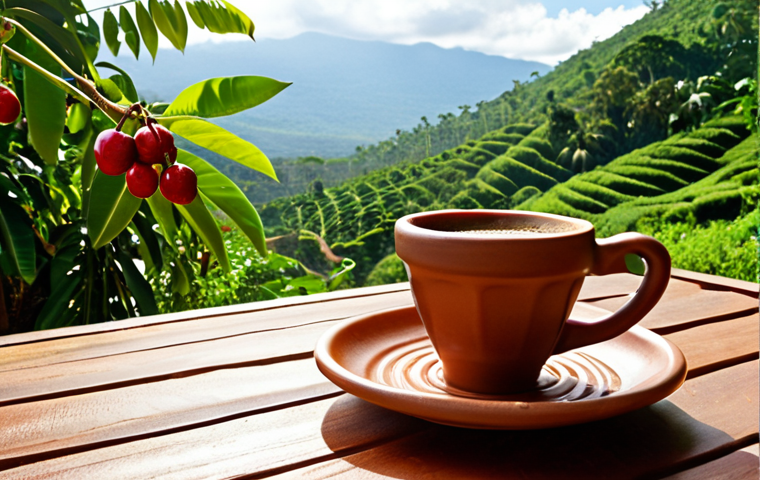 **

Ethiopian Yirgacheffe G1 coffee, vibrant floral aroma, citrus notes, served in a traditional clay cup, surrounded by coffee cherries and green leaves, sunlit coffee plantation backdrop.

**