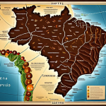 A visually stunning, highly detailed world map focusing on global coffee-producing regions. Each major coffee origin, such as Ethiopia, Colombia, and Brazil, is distinctly highlighted. Subtle visual cues represent their unique terroir: delicate floral and citrus patterns for high-altitude African regions, balanced nutty and caramel motifs for South American areas, and rich chocolate tones for Brazilian coffee. The map includes geographical features like mountain ranges, rivers, and soft atmospheric elements indicating climate. The overall aesthetic is professional, educational, and vibrant, showcasing intricate details and clean lines. high resolution, ultra-detailed, professional infographic design, vibrant colors, clear distinctions, safe for work, appropriate content, professional, family-friendly.