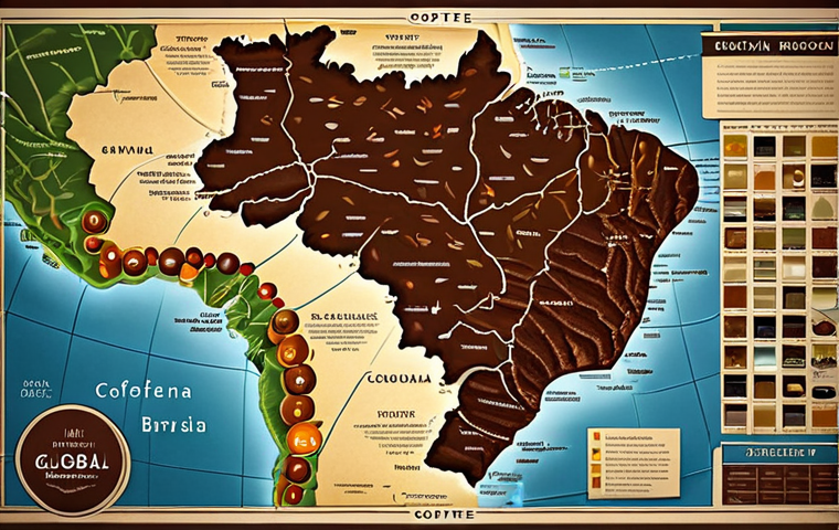 A visually stunning, highly detailed world map focusing on global coffee-producing regions. Each major coffee origin, such as Ethiopia, Colombia, and Brazil, is distinctly highlighted. Subtle visual cues represent their unique terroir: delicate floral and citrus patterns for high-altitude African regions, balanced nutty and caramel motifs for South American areas, and rich chocolate tones for Brazilian coffee. The map includes geographical features like mountain ranges, rivers, and soft atmospheric elements indicating climate. The overall aesthetic is professional, educational, and vibrant, showcasing intricate details and clean lines. high resolution, ultra-detailed, professional infographic design, vibrant colors, clear distinctions, safe for work, appropriate content, professional, family-friendly.