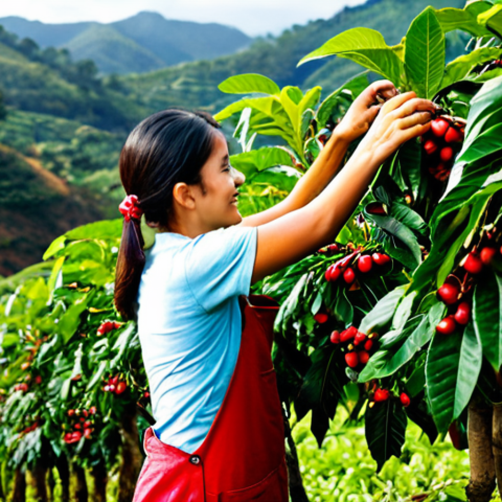 Coffee Cherry Harvest**

"A sunny day at a Brazilian coffee farm. A woman in modest clothing is carefully picking ripe, red coffee cherries from a lush green coffee tree. Rolling hills covered with coffee plants stretch into the background. Focus on the vibrant colors and textures of the coffee cherries and leaves. Safe for work, appropriate content, fully clothed, perfect anatomy, natural proportions, professional photography, high quality, family-friendly."

**