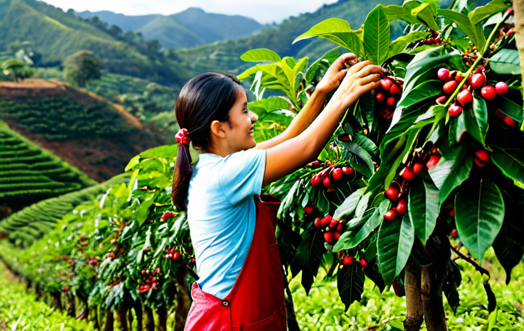 Coffee Cherry Harvest**

"A sunny day at a Brazilian coffee farm. A woman in modest clothing is carefully picking ripe, red coffee cherries from a lush green coffee tree. Rolling hills covered with coffee plants stretch into the background. Focus on the vibrant colors and textures of the coffee cherries and leaves. Safe for work, appropriate content, fully clothed, perfect anatomy, natural proportions, professional photography, high quality, family-friendly."

**