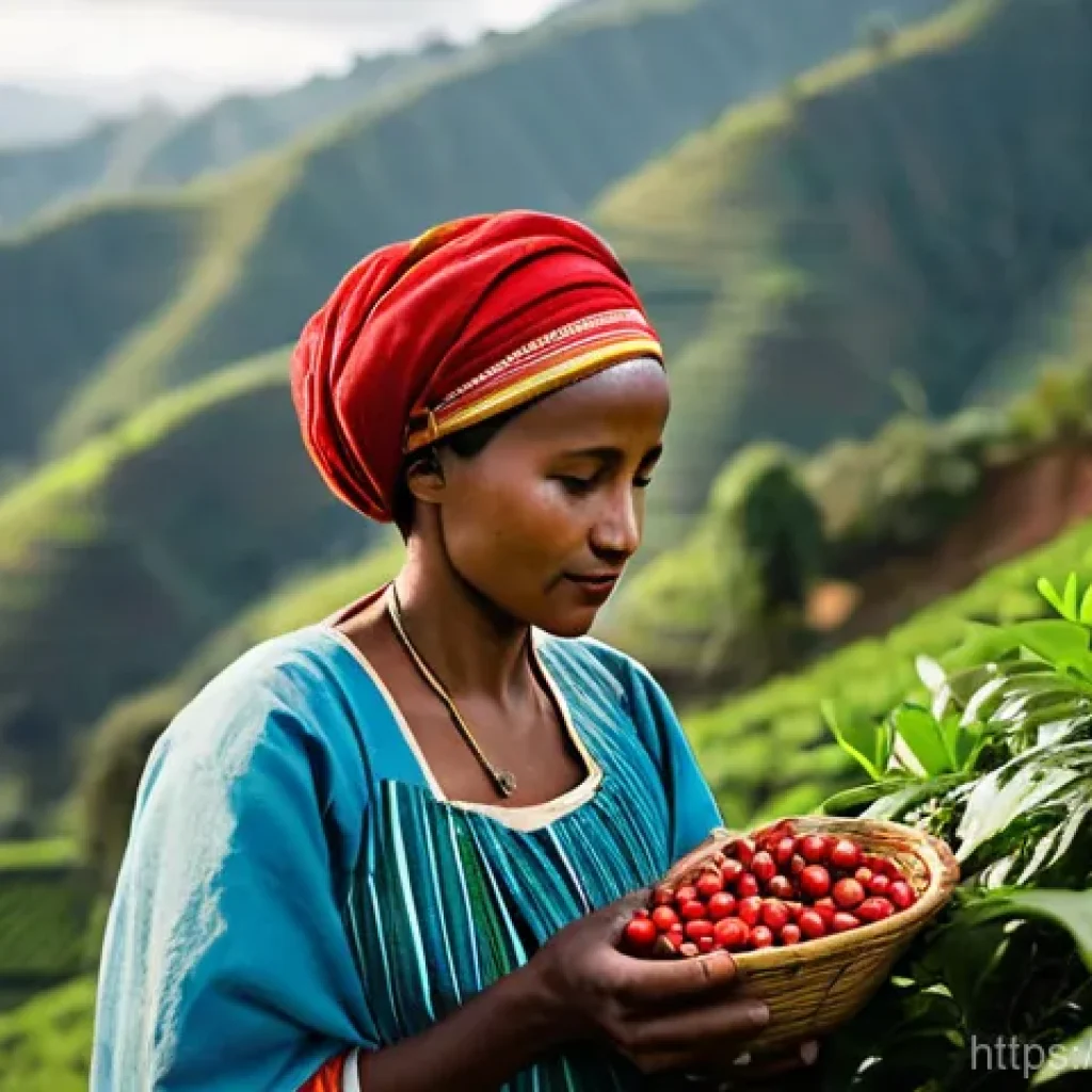 커피 원산지 탐방의 미래 전망 - A serene portrait of an Ethiopian coffee farmer, a woman in traditional attire, meticulously hand-pi...