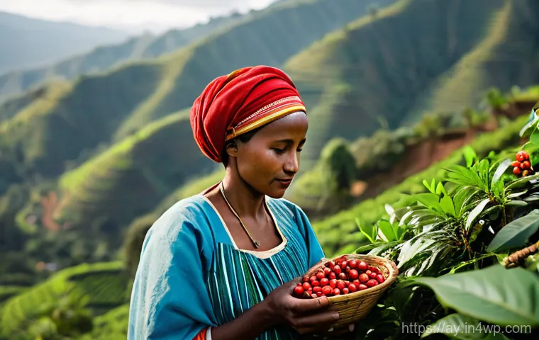 커피 원산지 탐방의 미래 전망 - A serene portrait of an Ethiopian coffee farmer, a woman in traditional attire, meticulously hand-pi...