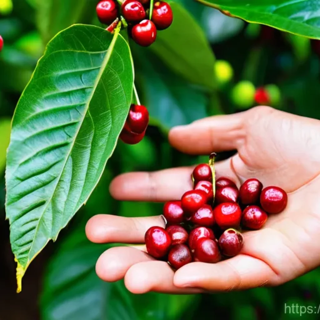 커피 원산지 탐방을 통해 배우는 것들 - A close-up shot of a coffee farmer's hands, weathered by the sun, gently plucking vibrant red coffee...
