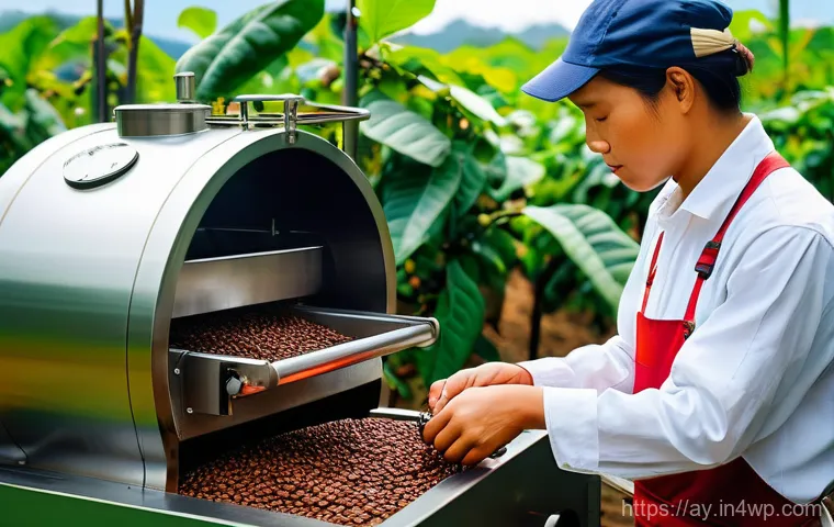 커피 원산지 탐방을 통해 배우는 것들 - A close-up shot of a coffee farmer's hands, weathered by the sun, gently plucking vibrant red coffee...