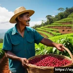 커피 원산지 탐방을 위한 일정 계획 - A vibrant, lush coffee plantation on a gently sloping hillside under a clear blue sky. A kind-faced ...