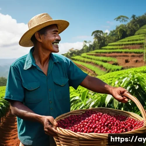 커피 원산지 탐방을 위한 일정 계획 - A vibrant, lush coffee plantation on a gently sloping hillside under a clear blue sky. A kind-faced ...