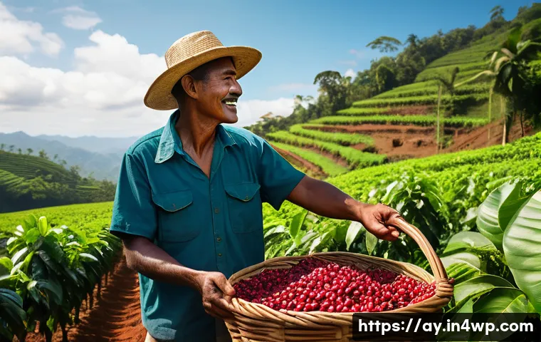 커피 원산지 탐방을 위한 일정 계획 - A vibrant, lush coffee plantation on a gently sloping hillside under a clear blue sky. A kind-faced ...
