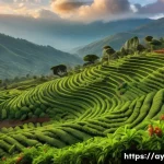 커피 원산지의 역사적 커피 유산 - A vibrant Ethiopian highland coffee farm scene at sunrise, showcasing lush green coffee plants with ...