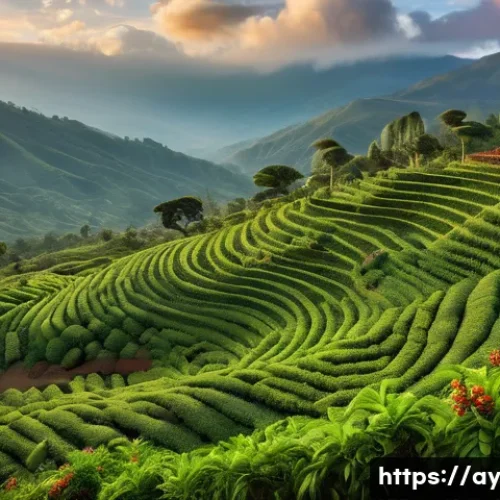 커피 원산지의 역사적 커피 유산 - A vibrant Ethiopian highland coffee farm scene at sunrise, showcasing lush green coffee plants with ...