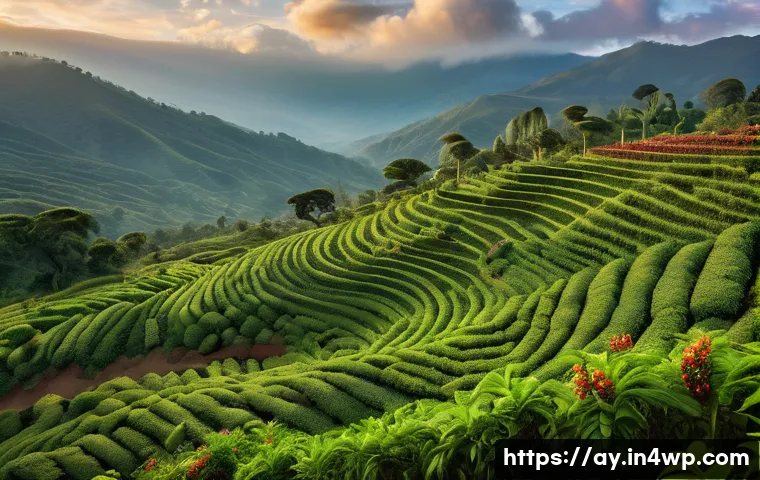 커피 원산지의 역사적 커피 유산 - A vibrant Ethiopian highland coffee farm scene at sunrise, showcasing lush green coffee plants with ...