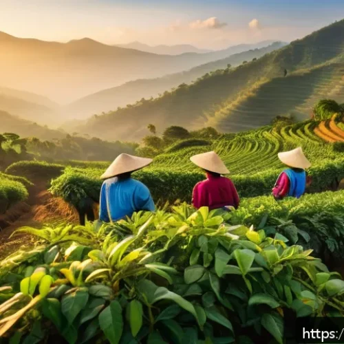 커피 원산지 탐방을 위한 커뮤니티 만들기 - A vibrant coffee farm scene in Ethiopia’s Sidamo region at sunrise, showcasing lush high-altitude co...