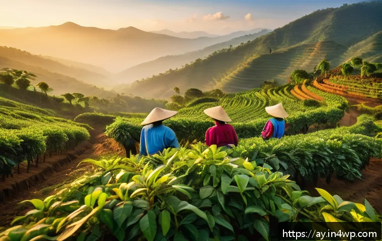 커피 원산지 탐방을 위한 커뮤니티 만들기 - A vibrant coffee farm scene in Ethiopia’s Sidamo region at sunrise, showcasing lush high-altitude co...