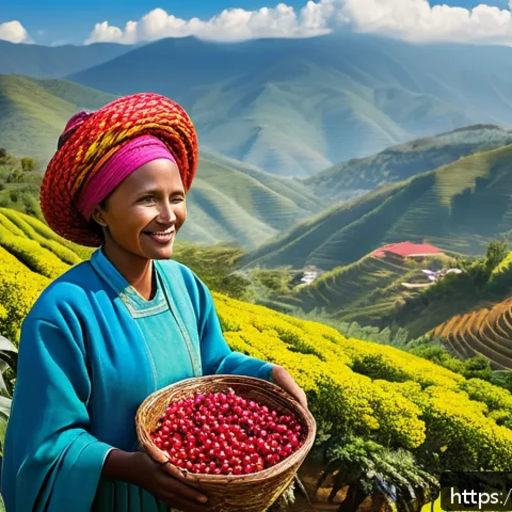 커피 원산지 탐방 후기 공유하기 - A vibrant Ethiopian coffee farm scene at high altitude with lush green coffee plants, traditional ha...