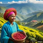커피 원산지 탐방 후기 공유하기 - A vibrant Ethiopian coffee farm scene at high altitude with lush green coffee plants, traditional ha...