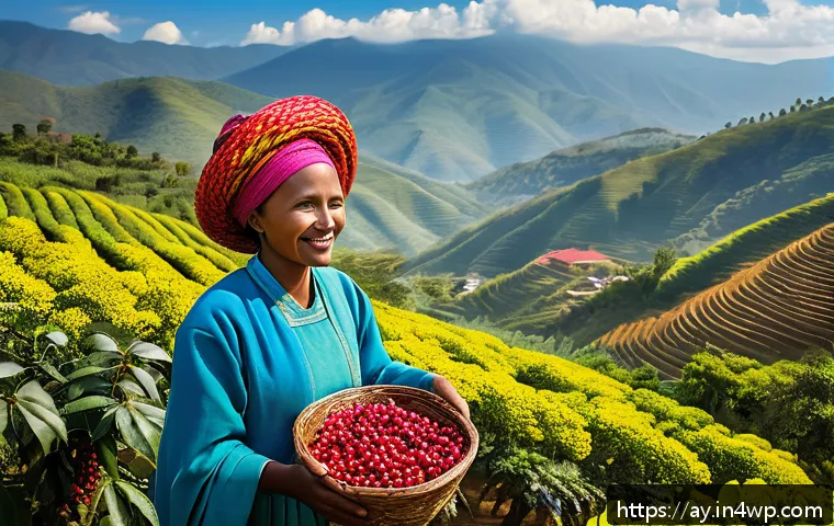 커피 원산지 탐방 후기 공유하기 - A vibrant Ethiopian coffee farm scene at high altitude with lush green coffee plants, traditional ha...