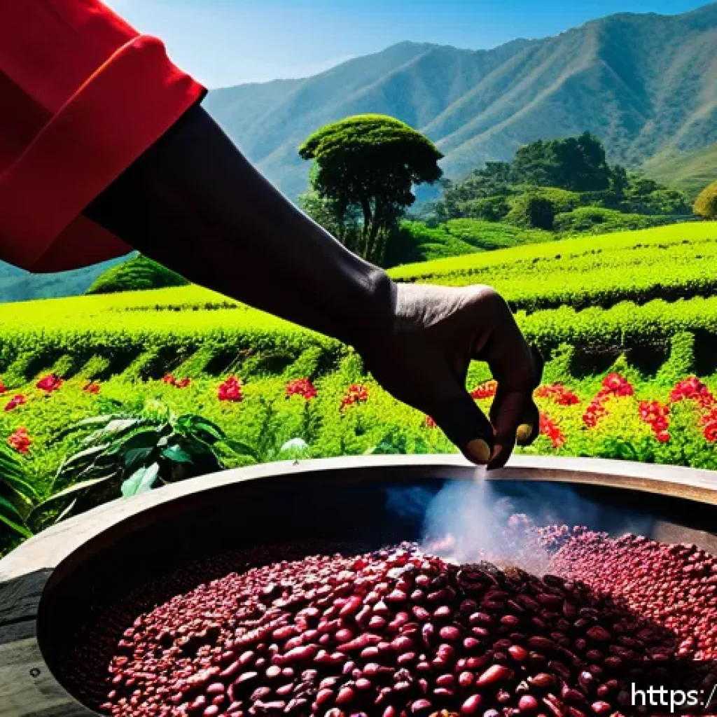 커피 원산지 탐방 시 꼭 가봐야 할 장소 - A vibrant Ethiopian coffee farm scene on a tropical highland, showing lush coffee trees with bright ...