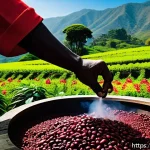 Home 23 커피 원산지 탐방 시 꼭 가봐야 할 장소 - A vibrant Ethiopian coffee farm scene on a tropical highland, showing lush coffee trees with bright ...