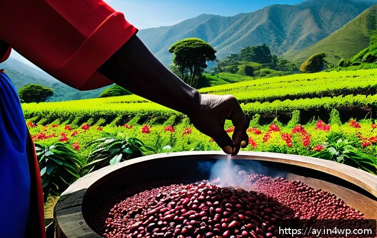 커피 원산지 탐방 시 꼭 가봐야 할 장소 - A vibrant Ethiopian coffee farm scene on a tropical highland, showing lush coffee trees with bright ...
