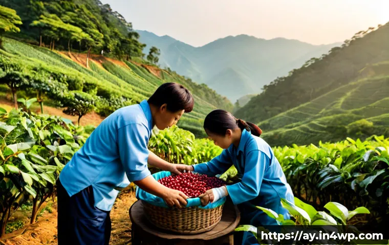 커피 원산지의 문화와 전통 - Photorealistic documentary-style scene of coffee harvest culture in a lush mountain plantation at su...